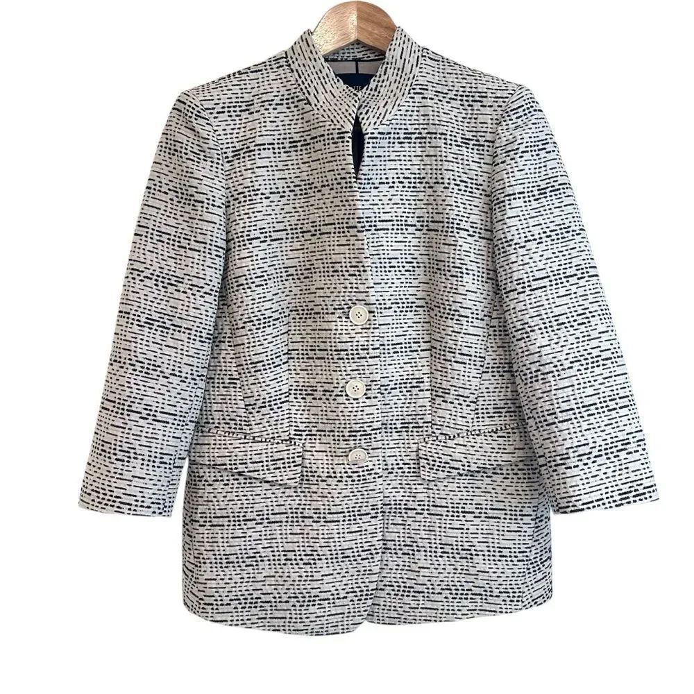 Lafayette 148 New York Cream, Black and Brown Patterned Mandarin Collar Blazer